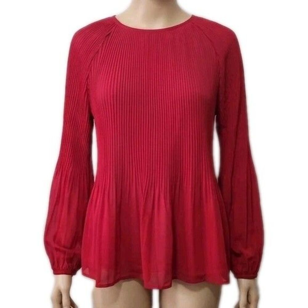 A New Day Womens Top XL Red SEMI-SHEER Crinkle Long Slv Pullover VALENTINE’S DAY